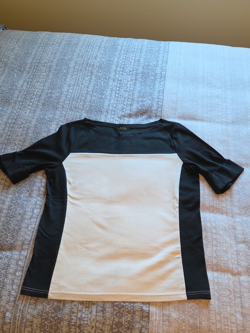 Lauren Ralph Lauren Black and Cream Colorblock Short Sleeve Tee